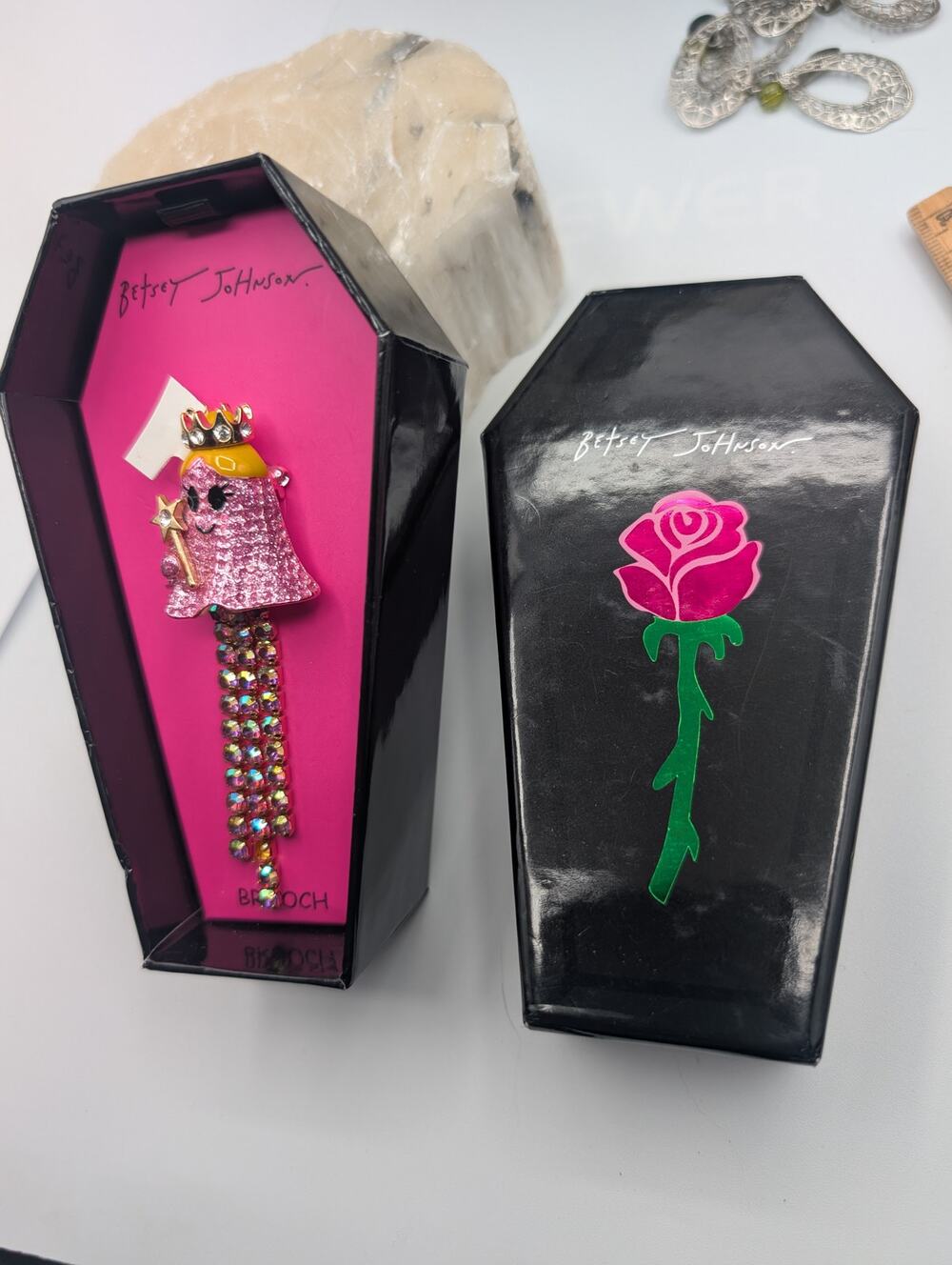 Betsey Johnson Pink Glitter Ghost Brooch Pin Crown Wand Rhinestone Dangle Coffin